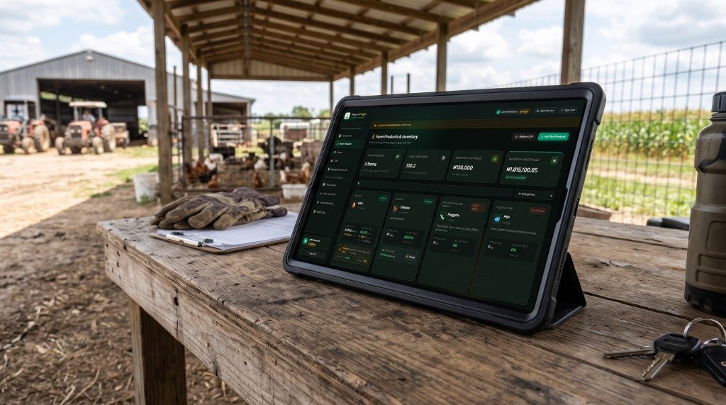 Mayor of Agro Farm Admin Panel and Inventory Management Dashboard on Rugged Field Tablet in Farmstead