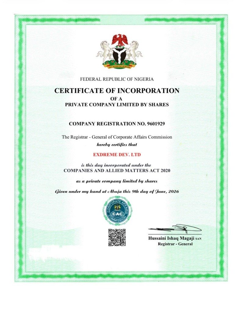 Nigeria Certificate of Incorporation — EXDREME DEV. LTD (Specimen)